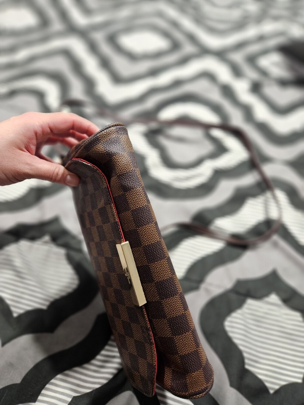 Brown Checkered Crossbody Bag with Pom Pom - Picture 9 of 9